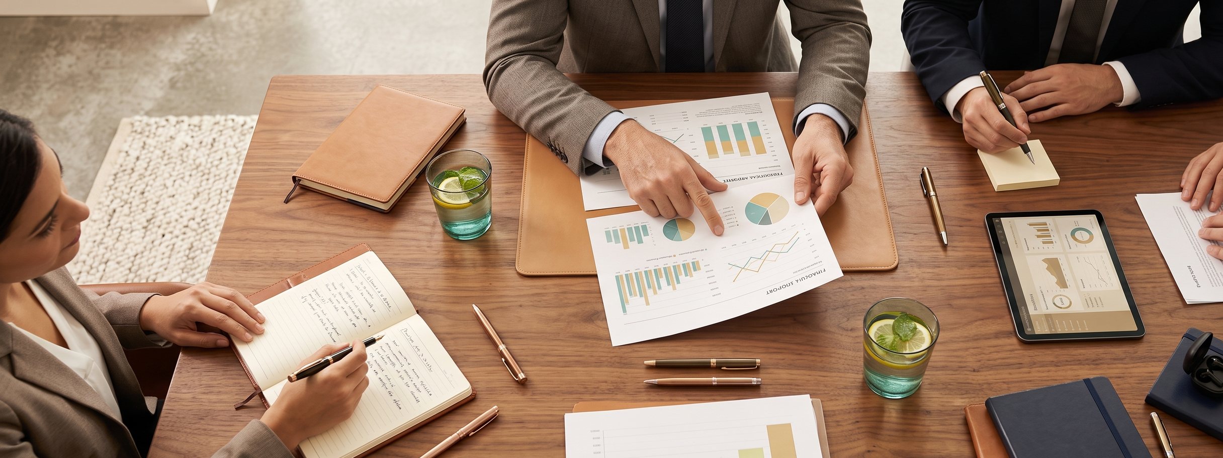 Four people seated around a boardroom table, working through printed financial reports and handwritten notes.